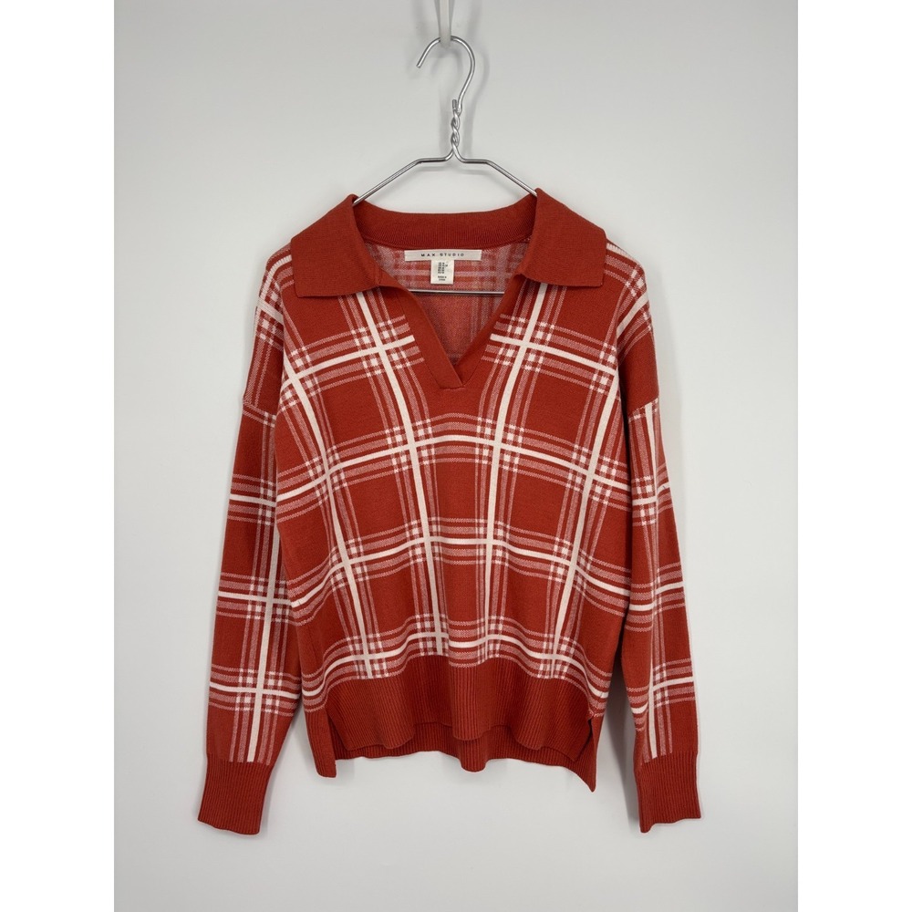 Max Studio Sweater Womens M Orange Plaid Collared Pullover New